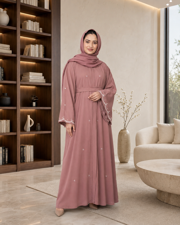 Mauve Umbrella-Cut Embellished Abaya Set (3-Piece)