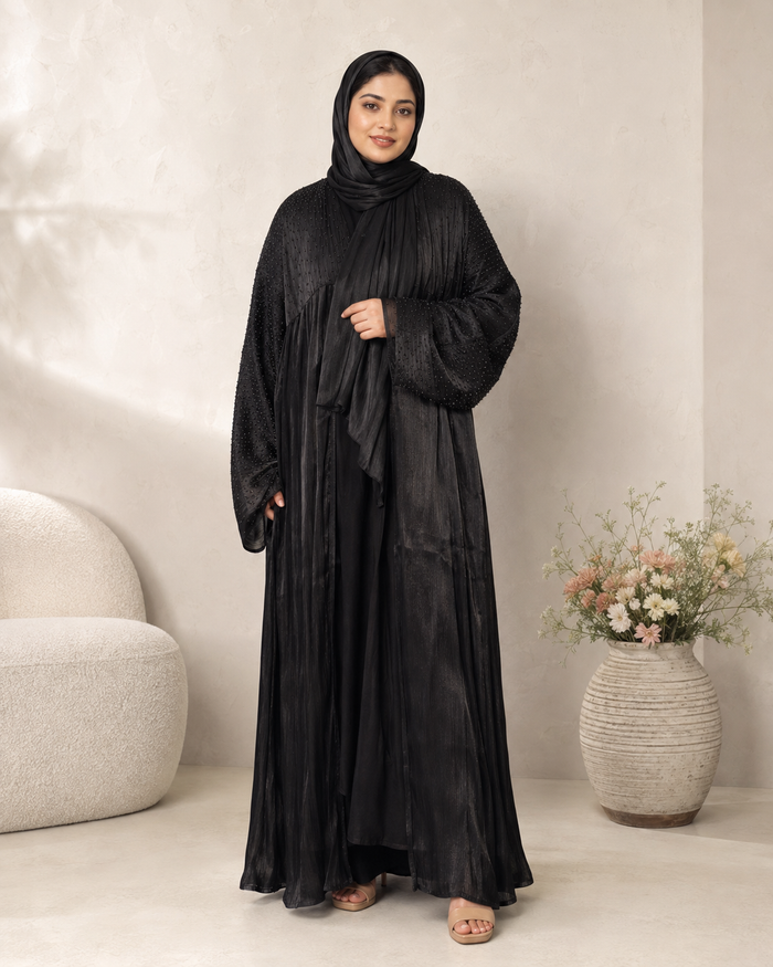 Black Farasha-Style Flowy Abaya Set