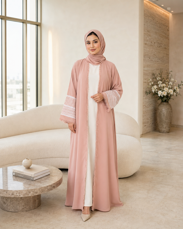 Beautiful Peachy Pink Open-Front Abaya with Fringe Detailing with Keffiyeh Embroidered