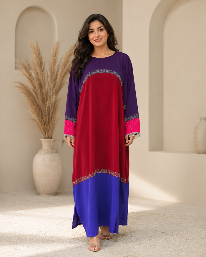 Tricolor Poka Fabric Dress Abaya with Stone Work and Lace Fringe