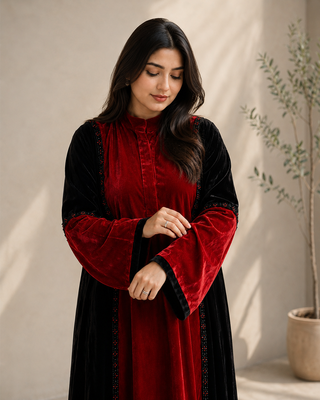 Red & Black Luxe Velvet Color-Block Abaya