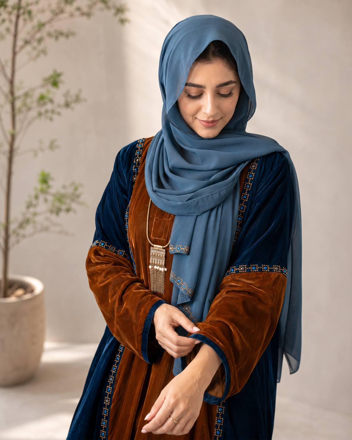 Peacock & Chocolate Luxe Velvet Color-Block Abaya
