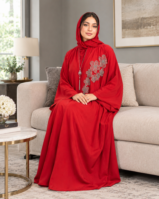 Red Beaded Work Abaya With Top and Pant in Poka Fabric. Comes with Matching Hijab