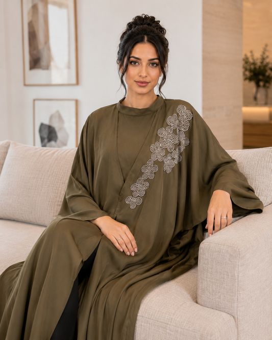 Army Green Handwork Abaya with Top and Pant