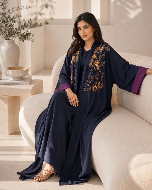Navy Exquisite Handwork Abaya with Matching Inner and Hijab (Poka Fabric)