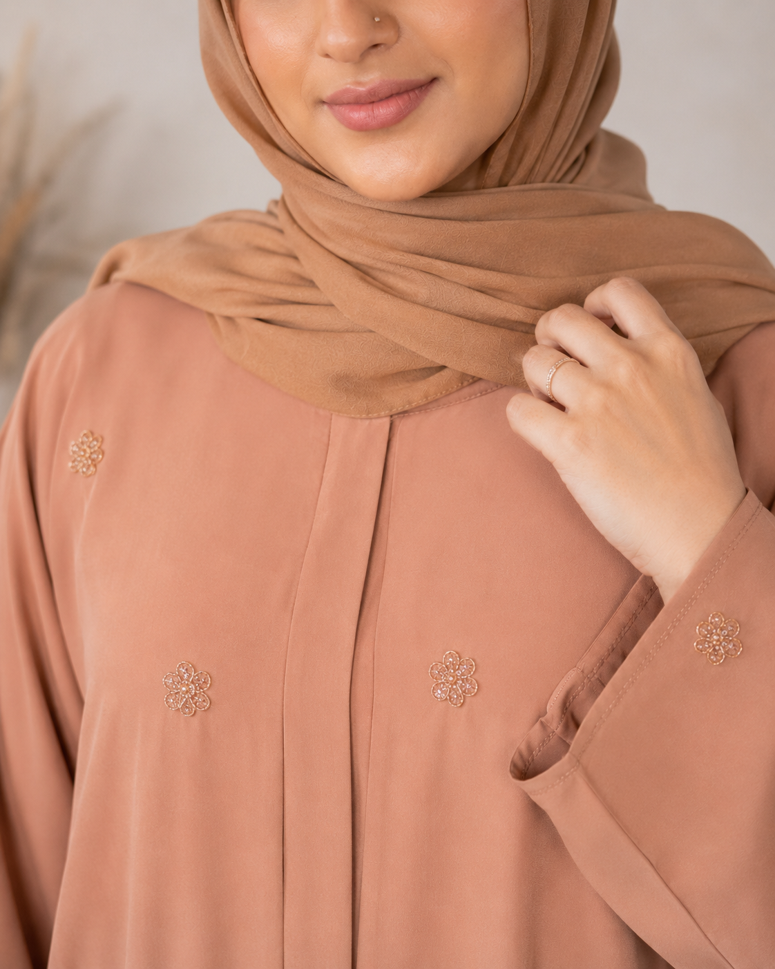 Serene Nude Abaya: Floral Crystal Embellished Edition