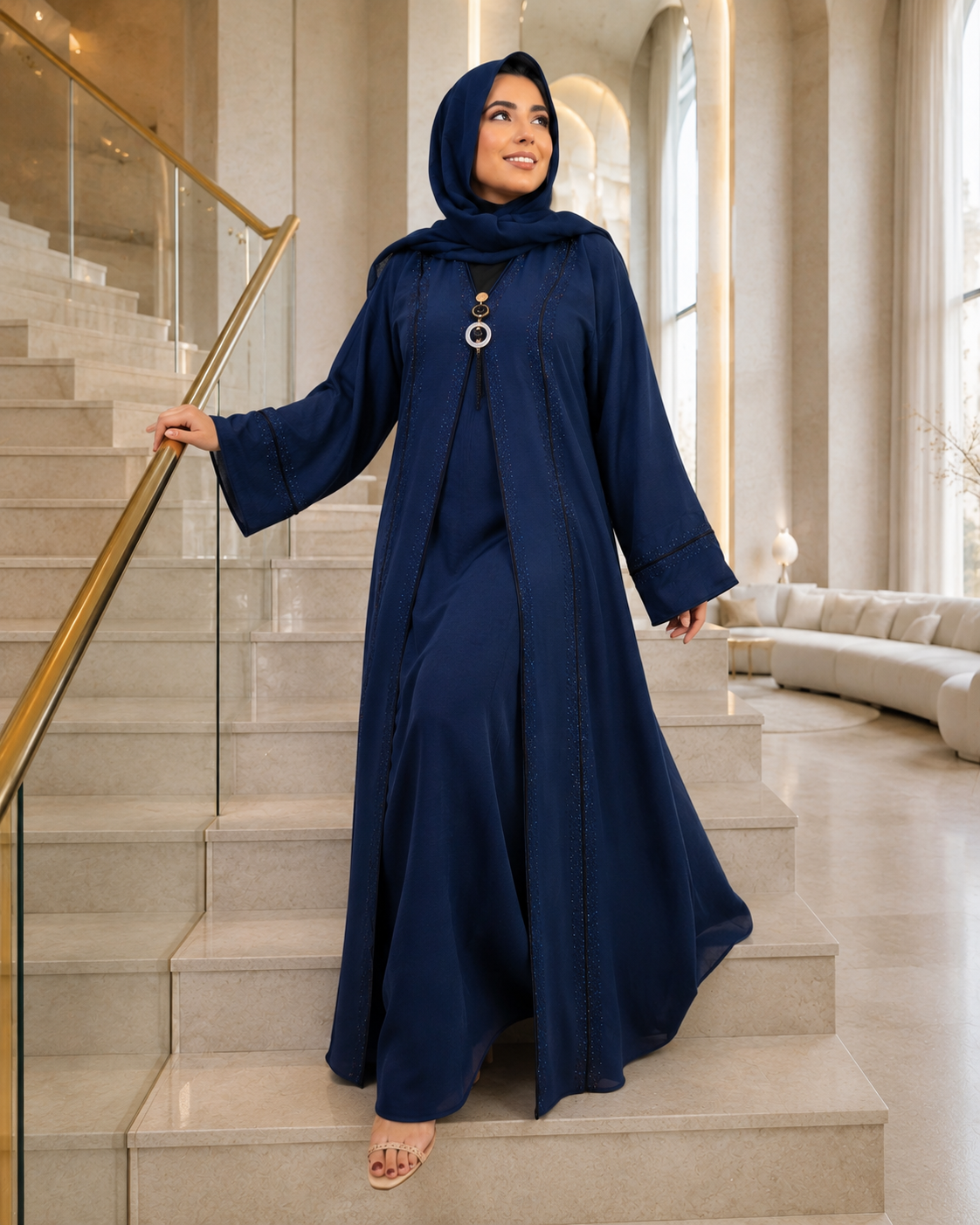 Luxurious Navy Blue Embellished Abaya with Matching Hijab