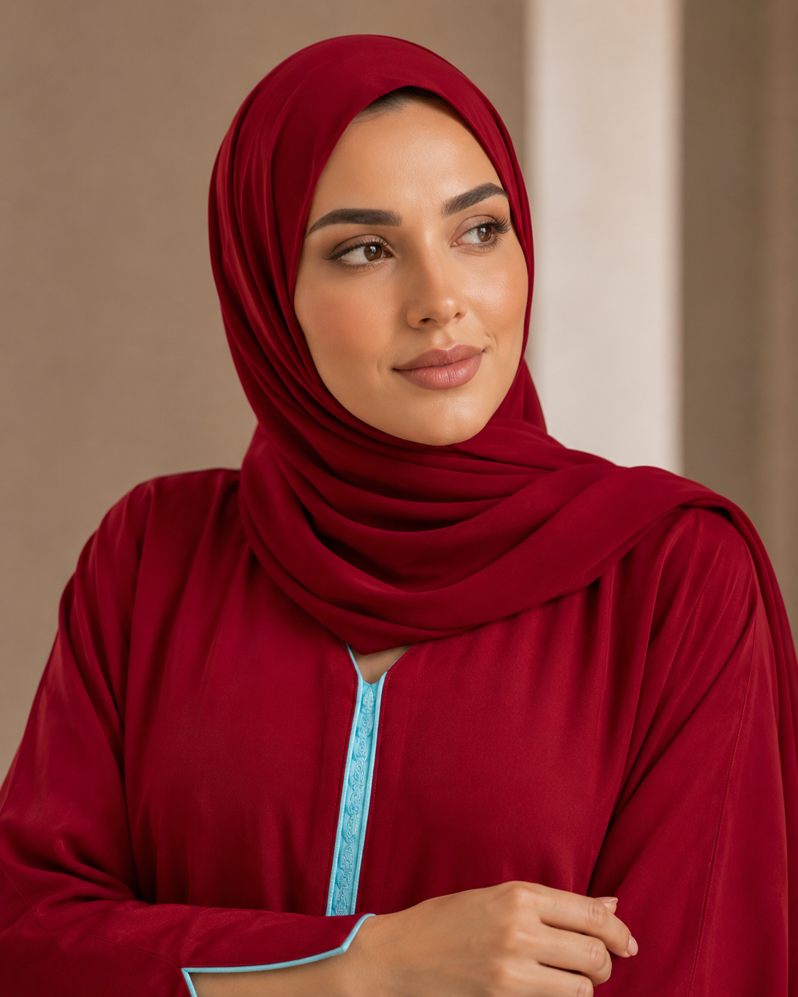 Red Maroon Moroccan Kaftan with Sky Blue Lining in Poka Fabric