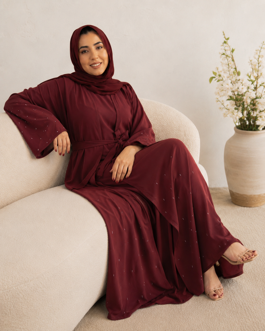 Stylish Maroon Double-Layer 3-Piece Abaya with Beaded Handwork