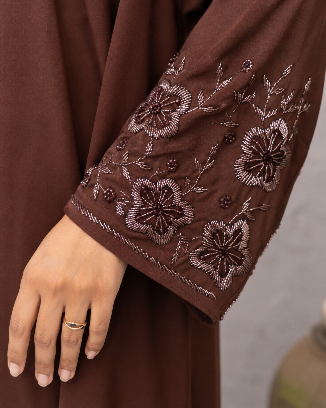 Dazzling Deep Brown Open-Front Abaya with Embroidered Sleeves & Belt