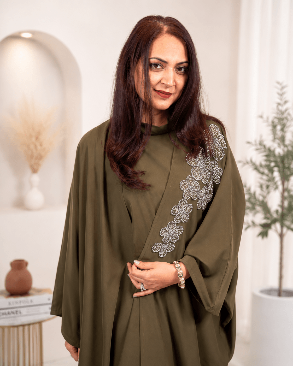 Army Green Handwork Abaya with Top and Pant