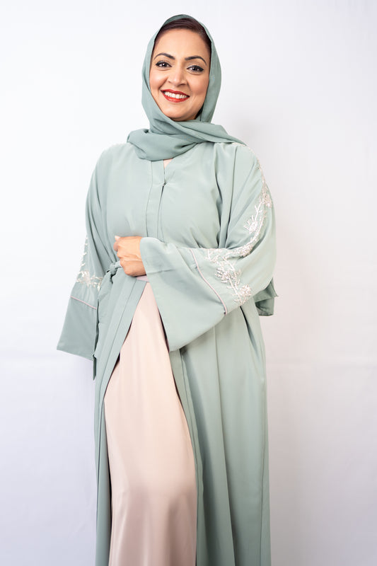 Refreshing Mint Sage Crystal Sleeve Abaya Set (3-Piece)