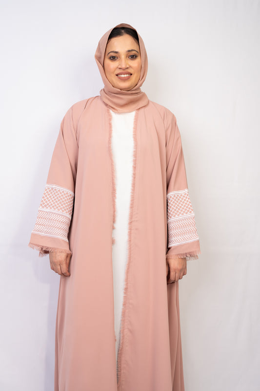 Beautiful Peachy Pink Open-Front Abaya with Fringe Detailing with Keffiyeh Embroidered