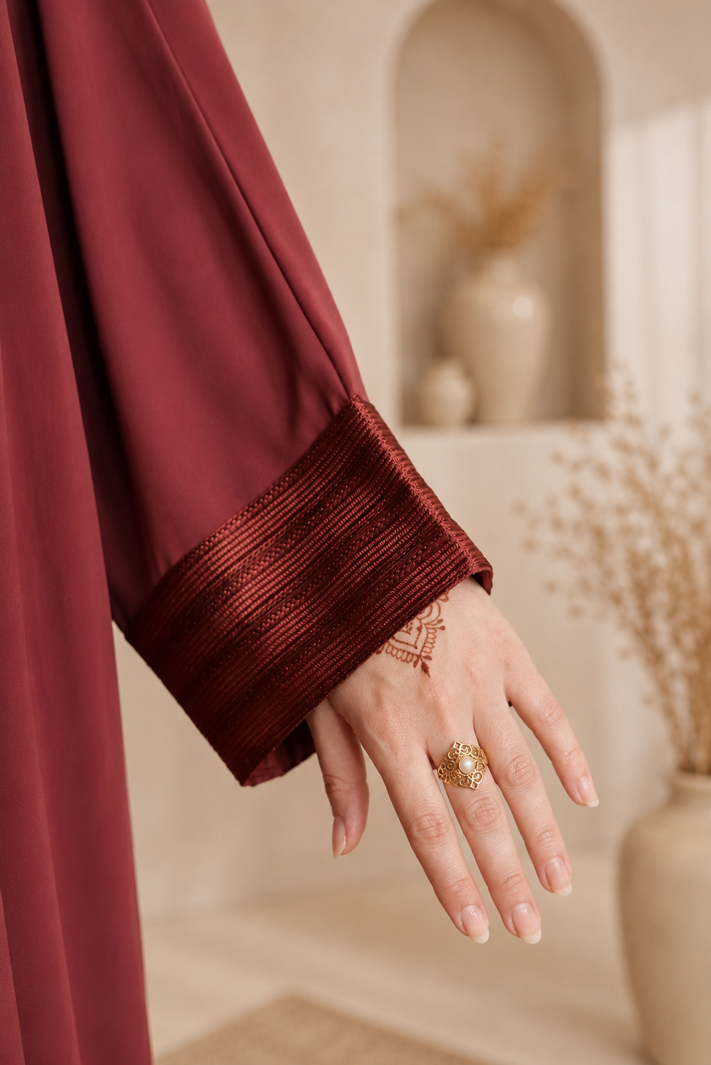 Terracotta Wine Moroccan Kaftan Style Abaya Dress in Poka Fabric