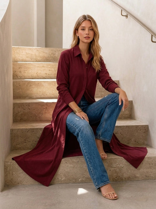 Burgundy Cey Fabric Long Shirt & Wide-Leg Pants Co-Ord