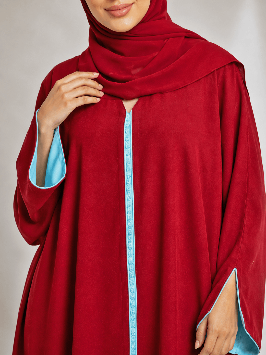 Red Maroon Moroccan Kaftan Style Abaya Drress with Sky Blue Lining in Poka Fabric