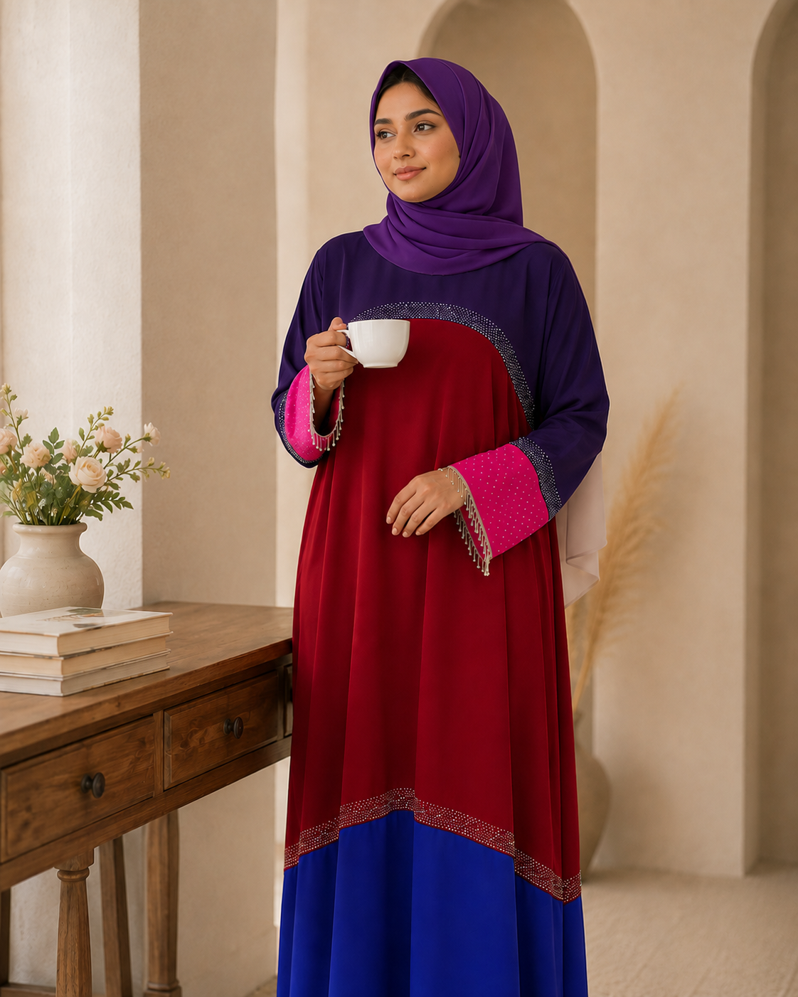 Tricolor Poka fabric dress abaya with stone work and lace fringe - image 19