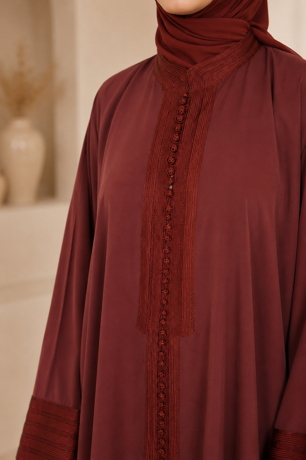 Terracotta Wine Moroccan Kaftan Style Abaya Dress in Poka Fabric