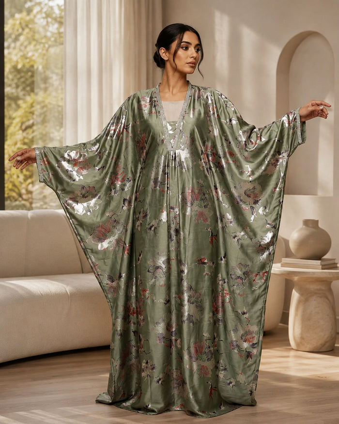 Sage green foil print kaftan dress with stone lace