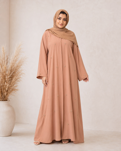 Serene Nude Abaya: Floral Crystal Embellished Edition