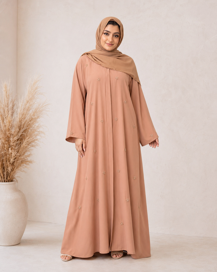 Serene Nude Abaya: Floral Crystal Embellished Edition
