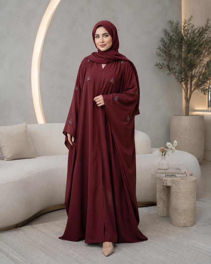 Maroon Sarah-Style Flowy Abaya Set (3-Piece)