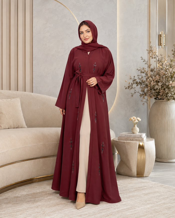 Maroon Majesty Leafy Embellished Abaya Set (3-Piece)