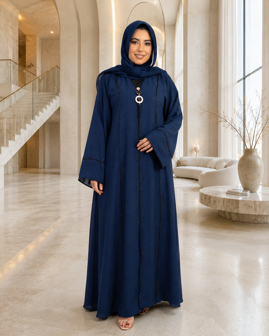 Luxurious Navy Blue Embellished Abaya with Matching Hijab