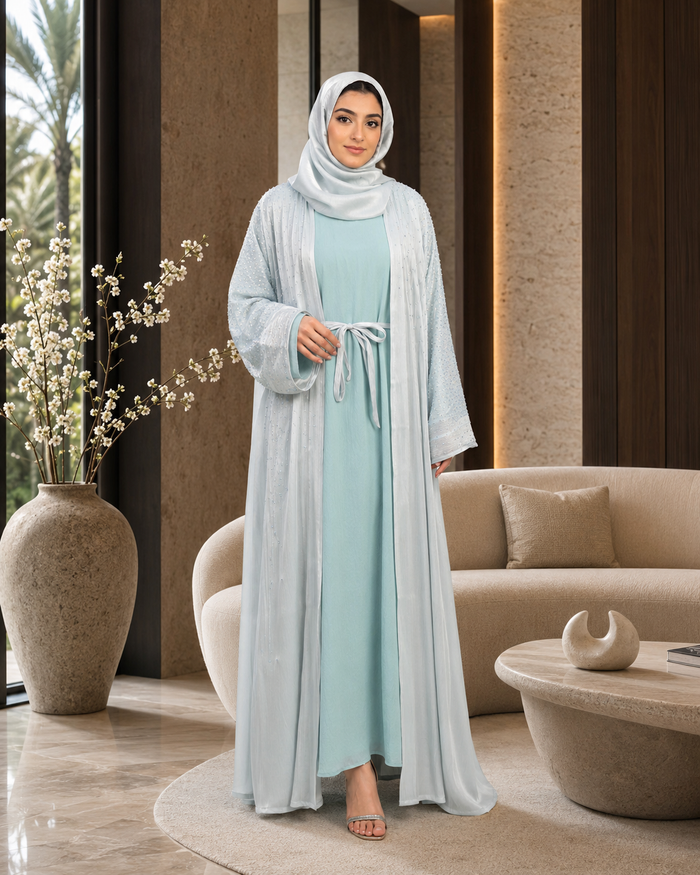 Light Pastel Blue Farasha-Style Flowy Abaya Set