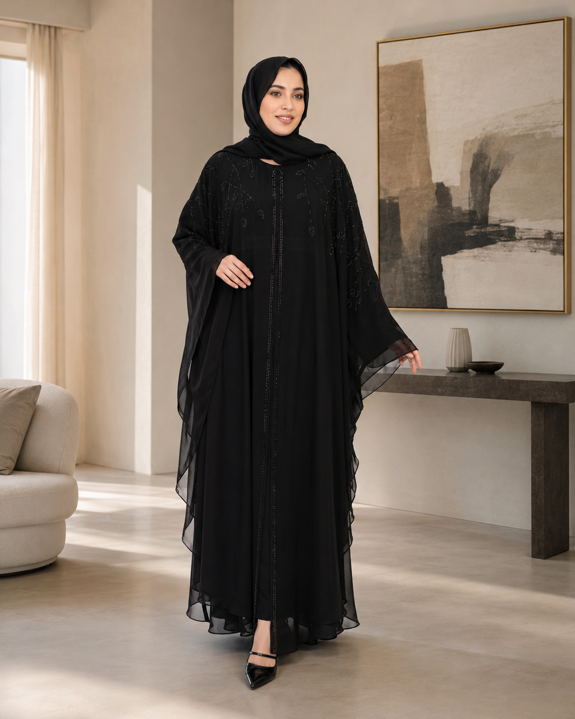 Gorgeous Black Farasha Stone-Embellished Abaya