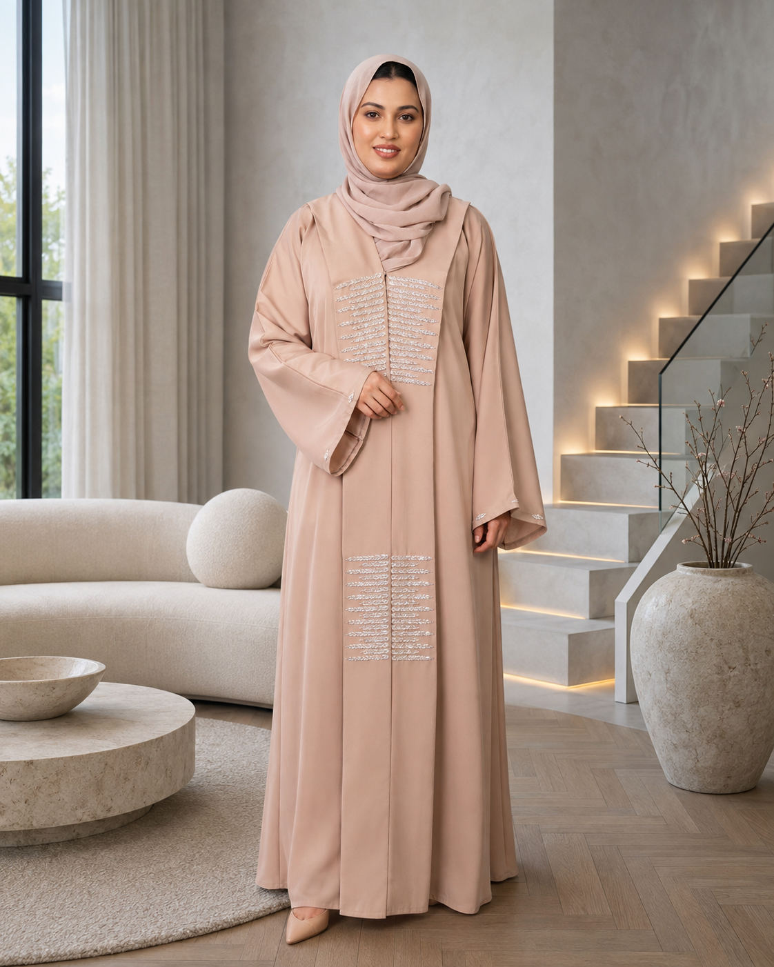Exquisite Beige Dubai Silk Fabric Abaya with Crystal Bead Handwork & Flowy Sleeves