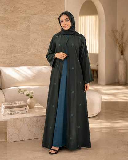 Emerald Forest Crystal-Strewed Abaya Set (3-Piece)