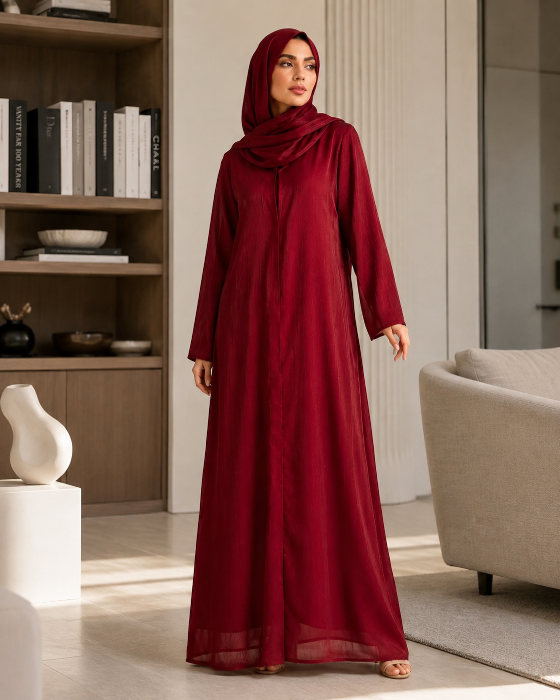 Deep Burgundy Organza Abaya with Fully Lined Nidha Fabric Inner