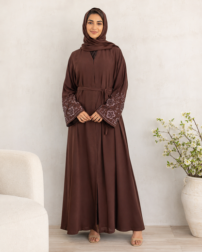 Dazzling Deep Brown Open-Front Abaya with Embroidered Sleeves & Belt