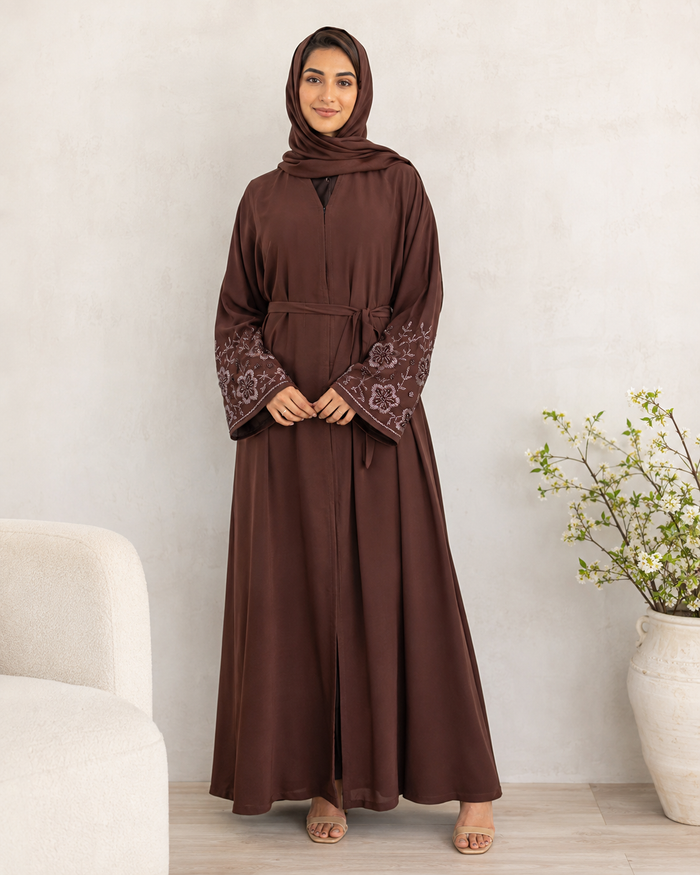 Dazzling Deep Brown Open-Front Abaya with Embroidered Sleeves & Belt