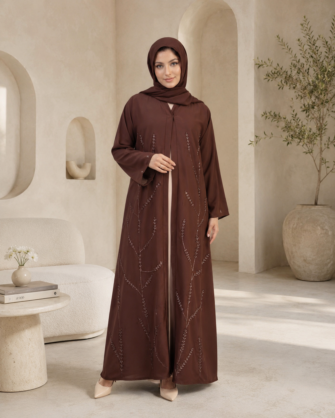 Chocolate Truffle Leafy Vine Abaya Set (3-Piece)