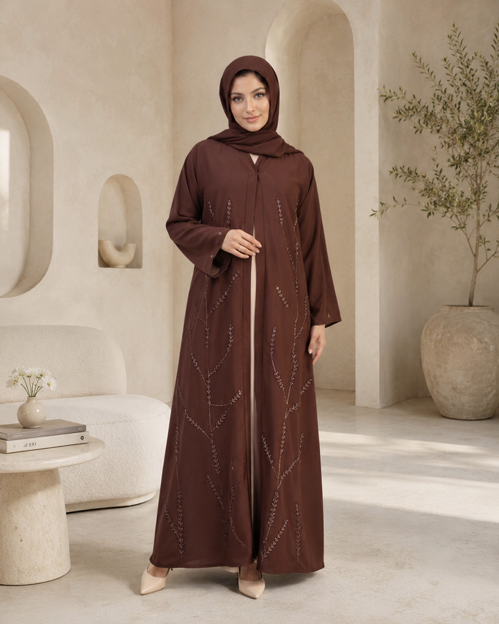 Chocolate Truffle Leafy Vine Abaya Set (3-Piece)