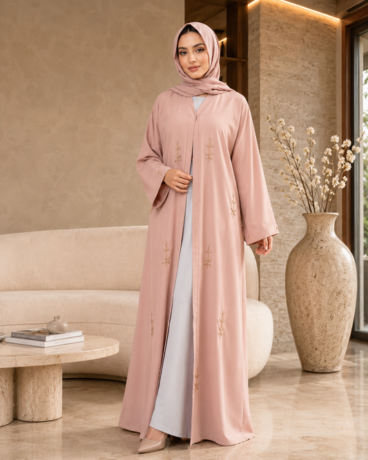Blush Rose Leafy Embellished Abaya Set (3-Piece)