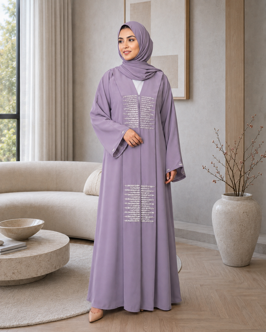 Lavender Open-Front Abaya with Crystal Bead Handwork & Flowy Sleeves