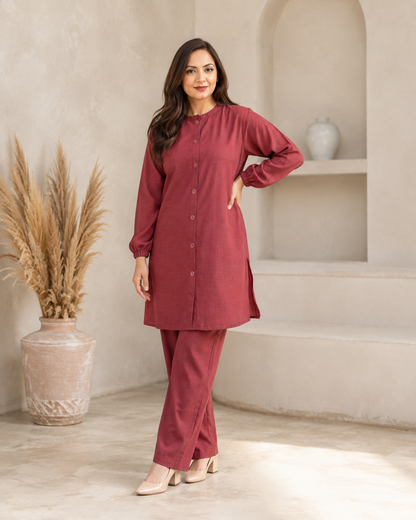 Red-maroon Button Down Two-Piece Set