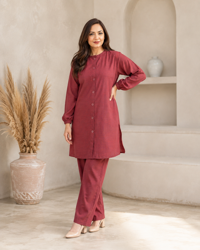Red-maroon Button Down Two-Piece Set