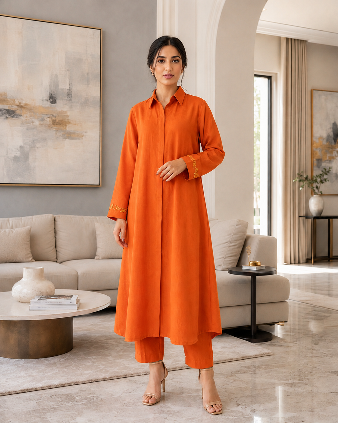 Orange Beaded Handwork 2-Piece Co-ords Set