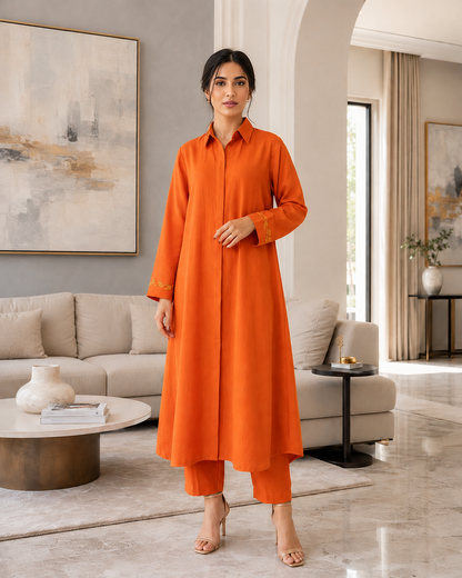 Orange Beaded Handwork 2-Piece Co-ords Set