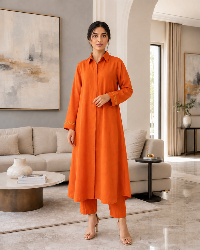 Orange Beaded Handwork 2-Piece Co-ords Set