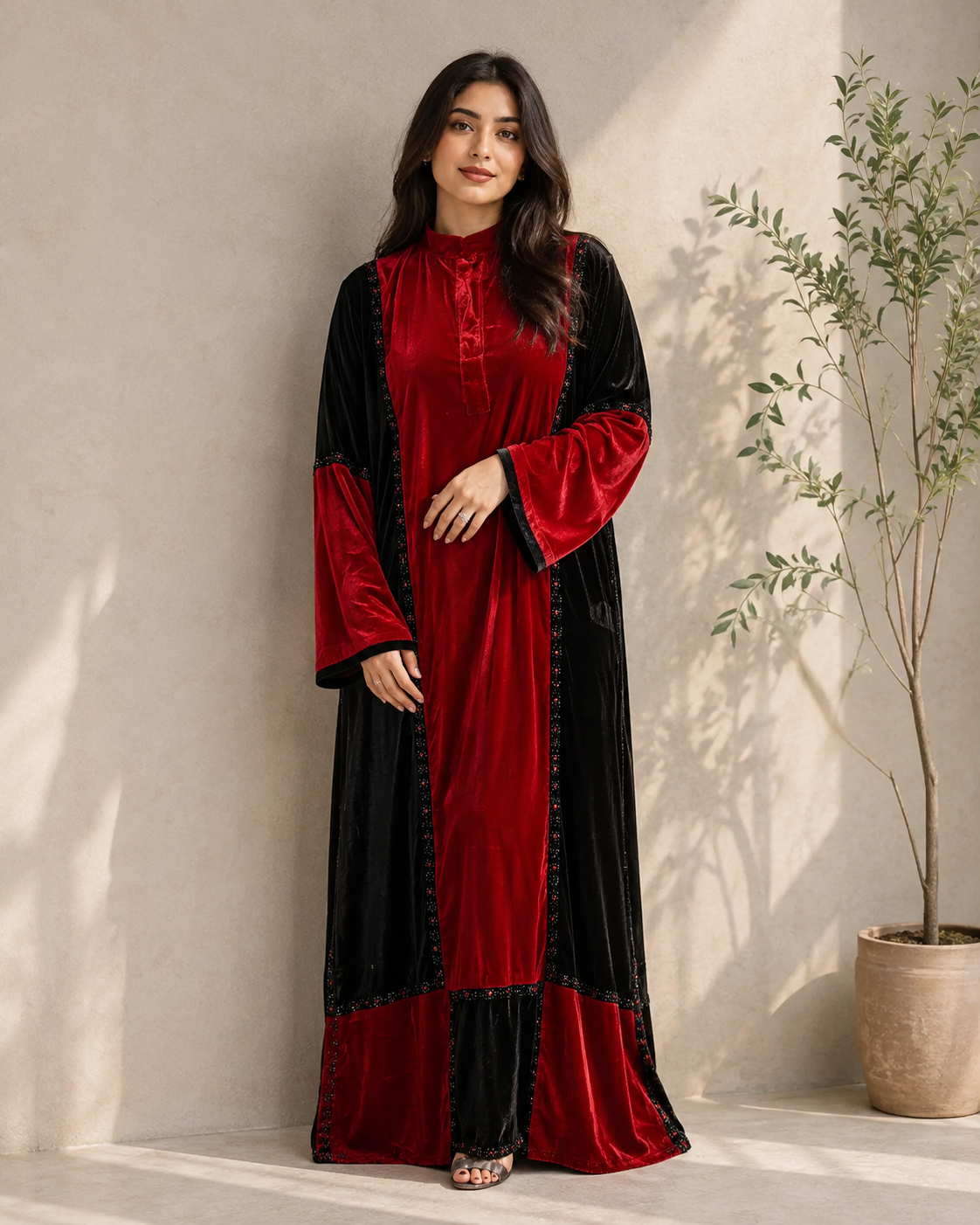 Red & Black Luxe Velvet Color-Block Abaya