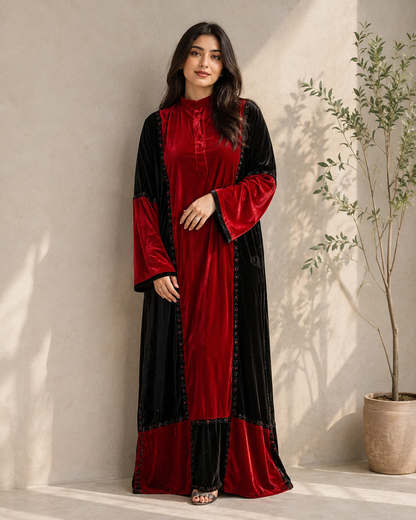 Red & Black Luxe Velvet Color-Block Abaya
