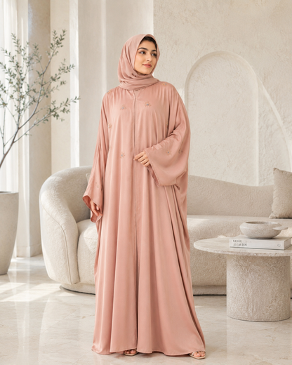 Nude Beige Farasha-Style Flowy Abaya Set (3-Piece)