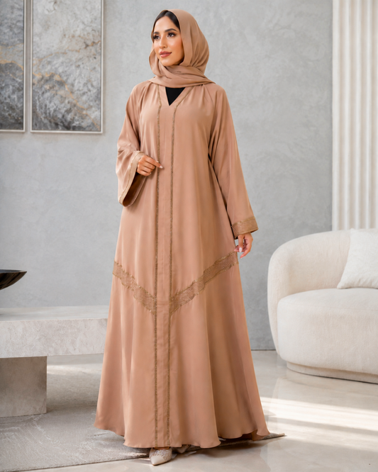 Light Taupe Abaya with Golden Stone Work Embellishments