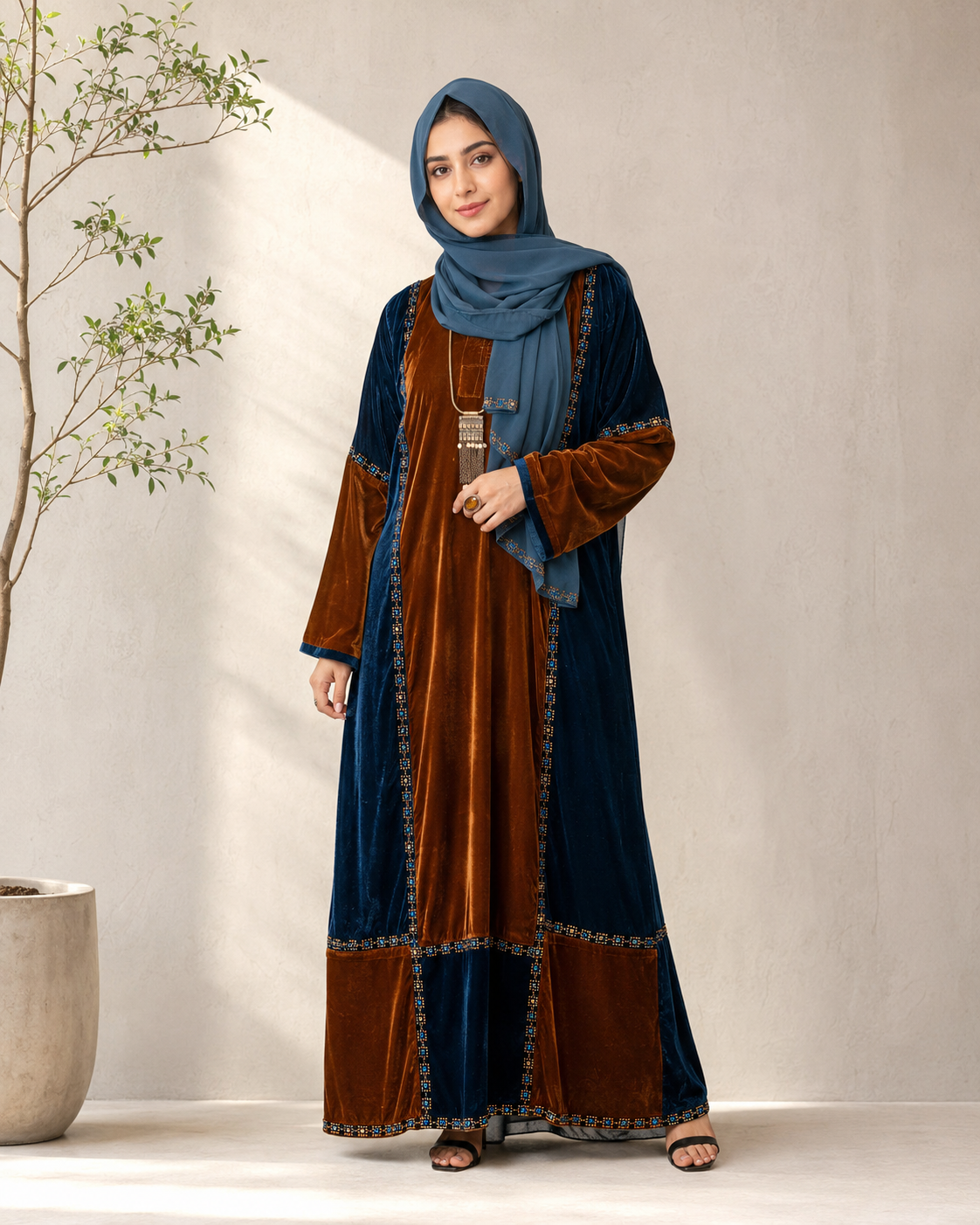 Peacock & Chocolate Luxe Velvet Color-Block Abaya