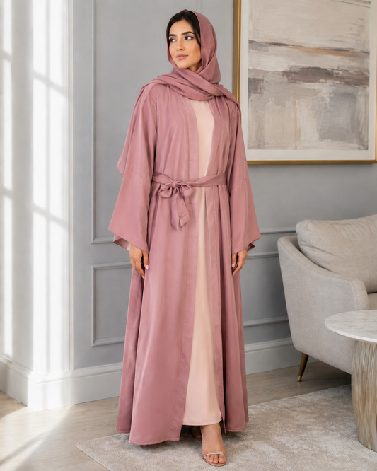 Chic 3-Piece Mauve Abaya Set with Nude Pink Inner, Front-Open Design, with Matching Hijab and Belt